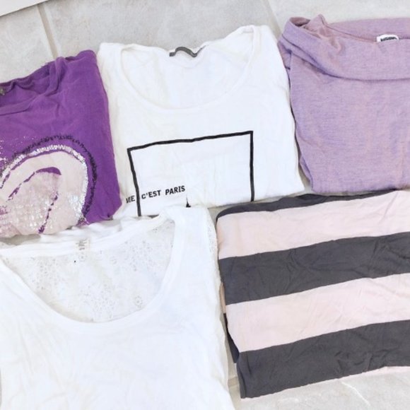 💜 3 Top Bundle Short Sleeve Long sleeve / Shirt/ White and purple - Picture 3 of 5